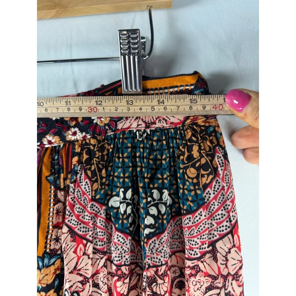 Boho Mixed Print High Low Maxi Skirt with Embroidered Beaded Waistband Viscose - Picture 5 of 9